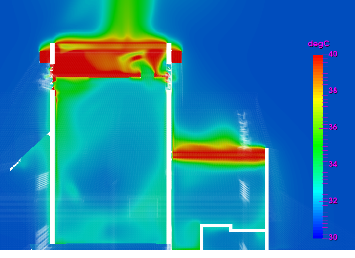 Air temperature distribution at the upper part of the roof showing heat escapes from openings. 